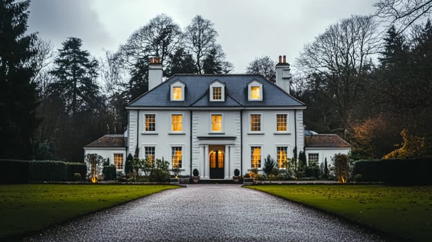 Grand and refined English countryside home, featuring timeless architectural elegance, manicured gardens, and charming details that exude sophistication and heritage idea