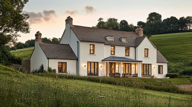 Grand and refined English countryside home, featuring timeless architectural elegance, manicured gardens, and charming details that exude sophistication and heritage idea