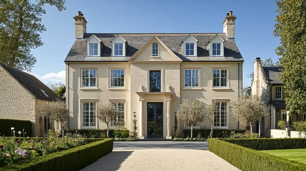 Grand and refined English countryside home, featuring timeless architectural elegance, manicured gardens, and charming details that exude sophistication and heritage idea