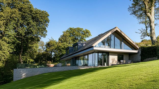 Grand and refined English countryside home, featuring timeless architectural elegance, manicured gardens, and charming details that exude sophistication and heritage idea