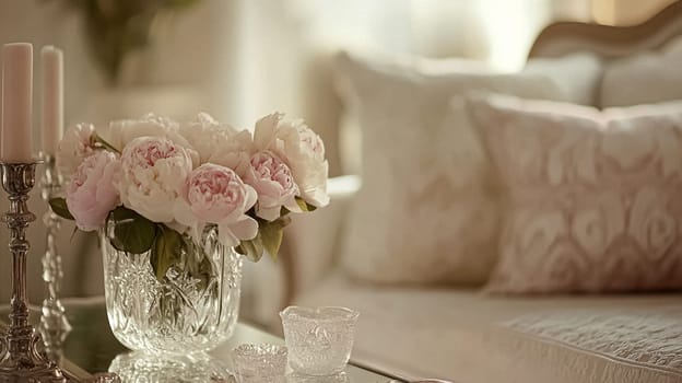 English style cottage interior in romantic colours, delicate patterns, vintage furnishings, evoking the timeless charm and tranquillity of a classic countryside