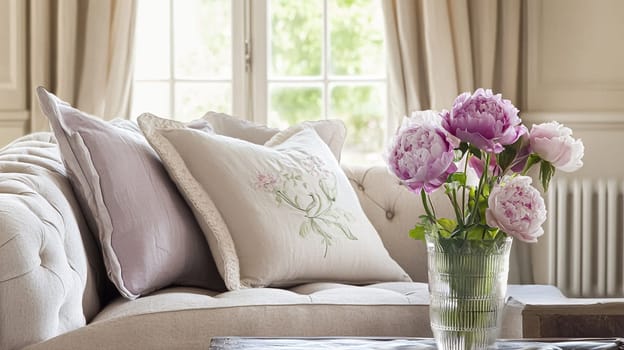 English style cottage interior in romantic colours, delicate patterns, vintage furnishings, evoking the timeless charm and tranquillity of a classic countryside