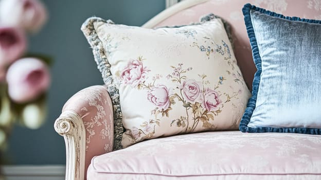 English style cottage interior in romantic colours, delicate patterns, vintage furnishings, evoking the timeless charm and tranquillity of a classic countryside
