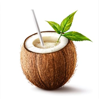 A fresh coconut drink with straw and green leaves on white background, evoking tropical and refreshing vibe