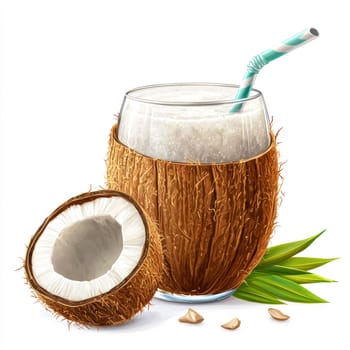 A Coconut drink in natural shell with straw, surrounded by coconut pieces and green leaves, evoking tropical vibes
