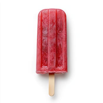 A Red fruity popsicle with wooden stick isolated on white background, evoking refreshing summer vibe