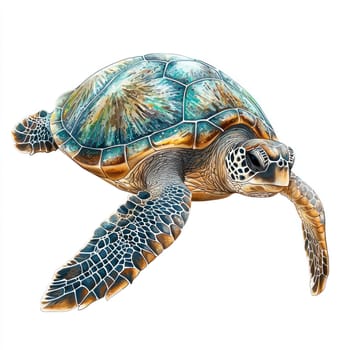 A vibrant sea turtle with intricate shell patterns and detailed textures, swimming gracefully on white background
