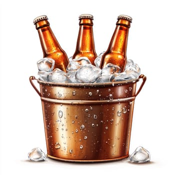 A bucket of ice with beer bottles, refreshing and perfect for summer gatherings