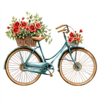 A charming blue bicycle with wicker baskets filled with vibrant red flowers, evoking cheerful summer vibe