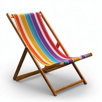 A Colorful striped beach chair with wooden frame, perfect for summer relaxation and outdoor lounging