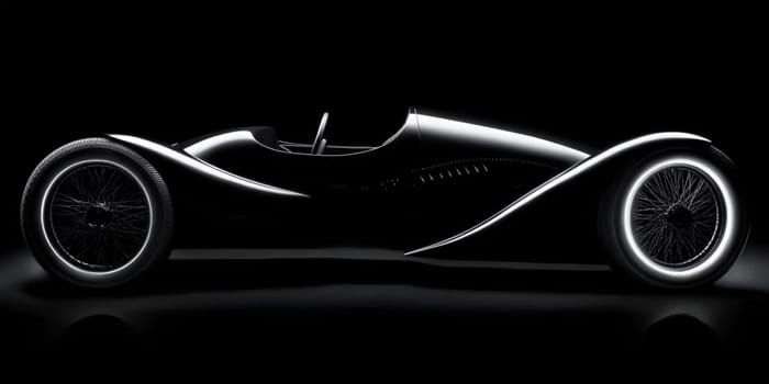 Side view of a generic retro car model standing in the dark studio, emphasizing elegant shapes and design. Ideal for automotive industry and transportation concepts