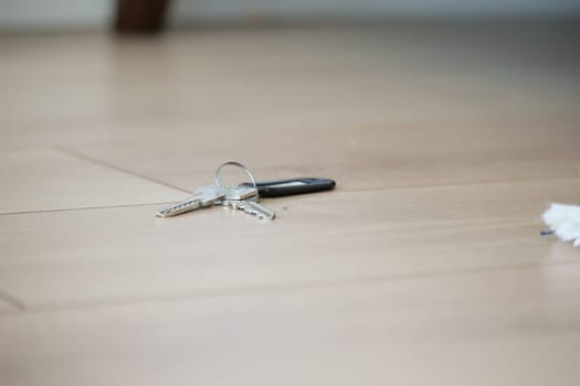 A set of keys and a phone lies on a light wooden floor in a home setting.