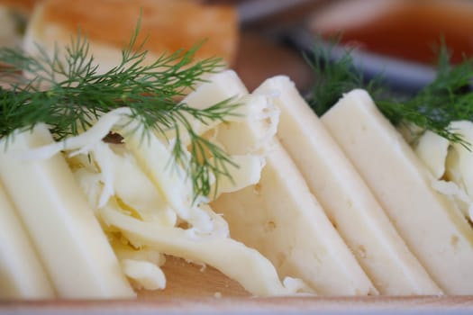Delightful cheese slices garnished with fresh herbs for a tasting experience.