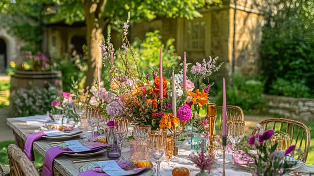Sunlit tablescapes adorned with delicate floral arrangements, elegant glassware, and fine china. Set in lush gardens, each scene captures the charm of alfresco dining idea