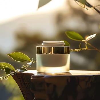 Cosmetic cream in a glass jar. Skin care concept. Background for beauty products