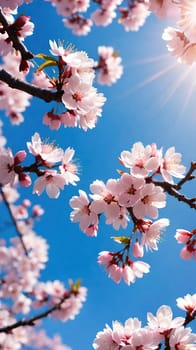 This mesmerizing photograph captures the enchanting beauty of cherry blossoms in full bloom. Delicate pink flowers adorn the branches, set against a vibrant blue sky with soft, scattered clouds. The blossoms, in varying stages of bloom, exude grace and elegance, symbolizing the fleeting charm of spring. With its picturesque composition, this image evokes feelings of renewal, tranquility, and natural splendor—ideal for seasonal campaigns, artistic projects, or nature-inspired decor.