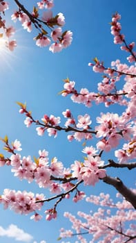 This mesmerizing photograph captures the enchanting beauty of cherry blossoms in full bloom. Delicate pink flowers adorn the branches, set against a vibrant blue sky with soft, scattered clouds. The blossoms, in varying stages of bloom, exude grace and elegance, symbolizing the fleeting charm of spring. With its picturesque composition, this image evokes feelings of renewal, tranquility, and natural splendor—ideal for seasonal campaigns, artistic projects, or nature-inspired decor.