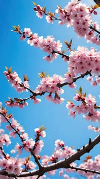 This mesmerizing photograph captures the enchanting beauty of cherry blossoms in full bloom. Delicate pink flowers adorn the branches, set against a vibrant blue sky with soft, scattered clouds. The blossoms, in varying stages of bloom, exude grace and elegance, symbolizing the fleeting charm of spring. With its picturesque composition, this image evokes feelings of renewal, tranquility, and natural splendor—ideal for seasonal campaigns, artistic projects, or nature-inspired decor.