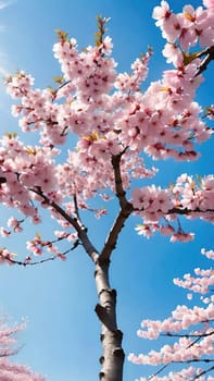 This mesmerizing photograph captures the enchanting beauty of cherry blossoms in full bloom. Delicate pink flowers adorn the branches, set against a vibrant blue sky with soft, scattered clouds. The blossoms, in varying stages of bloom, exude grace and elegance, symbolizing the fleeting charm of spring. With its picturesque composition, this image evokes feelings of renewal, tranquility, and natural splendor—ideal for seasonal campaigns, artistic projects, or nature-inspired decor.