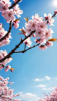 This mesmerizing photograph captures the enchanting beauty of cherry blossoms in full bloom. Delicate pink flowers adorn the branches, set against a vibrant blue sky with soft, scattered clouds. The blossoms, in varying stages of bloom, exude grace and elegance, symbolizing the fleeting charm of spring. With its picturesque composition, this image evokes feelings of renewal, tranquility, and natural splendor—ideal for seasonal campaigns, artistic projects, or nature-inspired decor.