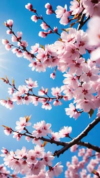 This mesmerizing photograph captures the enchanting beauty of cherry blossoms in full bloom. Delicate pink flowers adorn the branches, set against a vibrant blue sky with soft, scattered clouds. The blossoms, in varying stages of bloom, exude grace and elegance, symbolizing the fleeting charm of spring. With its picturesque composition, this image evokes feelings of renewal, tranquility, and natural splendor—ideal for seasonal campaigns, artistic projects, or nature-inspired decor.