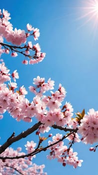 This mesmerizing photograph captures the enchanting beauty of cherry blossoms in full bloom. Delicate pink flowers adorn the branches, set against a vibrant blue sky with soft, scattered clouds. The blossoms, in varying stages of bloom, exude grace and elegance, symbolizing the fleeting charm of spring. With its picturesque composition, this image evokes feelings of renewal, tranquility, and natural splendor—ideal for seasonal campaigns, artistic projects, or nature-inspired decor.