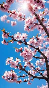 This mesmerizing photograph captures the enchanting beauty of cherry blossoms in full bloom. Delicate pink flowers adorn the branches, set against a vibrant blue sky with soft, scattered clouds. The blossoms, in varying stages of bloom, exude grace and elegance, symbolizing the fleeting charm of spring. With its picturesque composition, this image evokes feelings of renewal, tranquility, and natural splendor—ideal for seasonal campaigns, artistic projects, or nature-inspired decor.