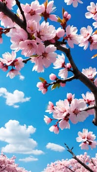 This mesmerizing photograph captures the enchanting beauty of cherry blossoms in full bloom. Delicate pink flowers adorn the branches, set against a vibrant blue sky with soft, scattered clouds. The blossoms, in varying stages of bloom, exude grace and elegance, symbolizing the fleeting charm of spring. With its picturesque composition, this image evokes feelings of renewal, tranquility, and natural splendor—ideal for seasonal campaigns, artistic projects, or nature-inspired decor.