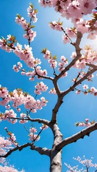 This mesmerizing photograph captures the enchanting beauty of cherry blossoms in full bloom. Delicate pink flowers adorn the branches, set against a vibrant blue sky with soft, scattered clouds. The blossoms, in varying stages of bloom, exude grace and elegance, symbolizing the fleeting charm of spring. With its picturesque composition, this image evokes feelings of renewal, tranquility, and natural splendor—ideal for seasonal campaigns, artistic projects, or nature-inspired decor.