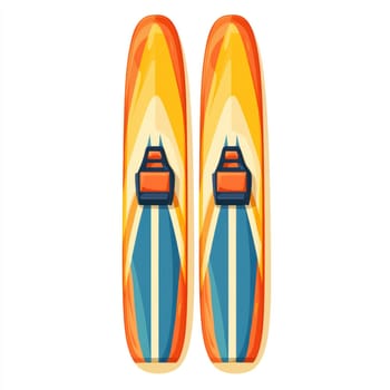 A pair of vibrant water skis with orange, yellow, and blue patterns, featuring adjustable bindings, isolated white background