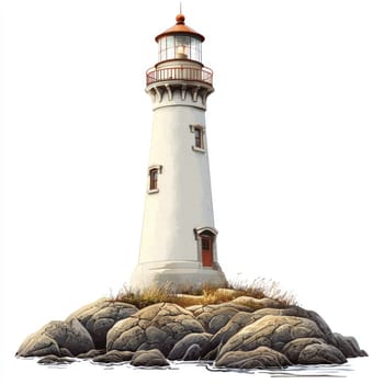 A tall white lighthouse stands on rocky base with grass, radiating serene coastal charm