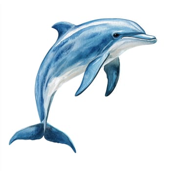 A vibrant watercolor dolphin gracefully jumping, isolated on white background, showcasing its dynamic and lively nature