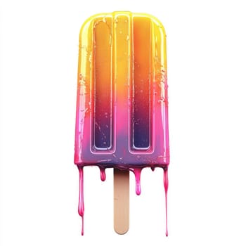 A Vibrant melting popsicle with gradient colors of yellow, pink, and purple on wooden stick, isolated on white