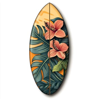 A Tropical surfboard with hibiscus flowers and palm leaves, vibrant summer design on orange background