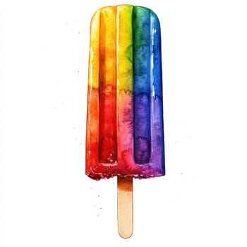 A Colorful watercolor popsicle with rainbow hues on white background, evoking cheerful and vibrant mood