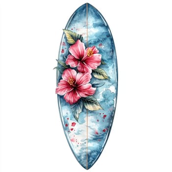 A Watercolor surfboard with pink hibiscus flowers and blue splashes, evoking tropical and beach vibes