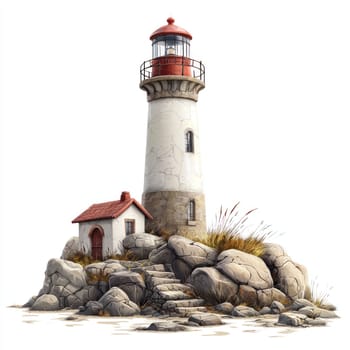 A charming lighthouse stands on rocky shore with small house, surrounded by grass and stones, evoking serene coastal vibe