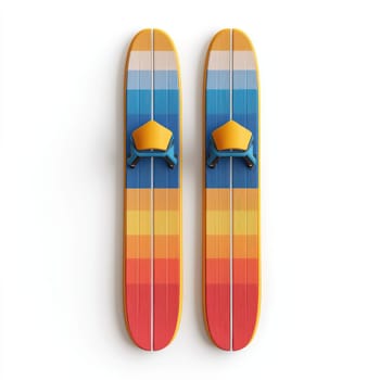 A pair of colorful water skis with vibrant stripes, featuring yellow bindings, isolated on white background