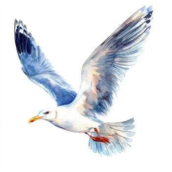 A Watercolor seagull with outstretched wings flying gracefully on white background