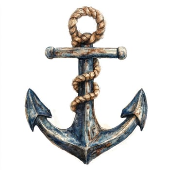 A Rustic anchor with rope wrapped around, painted in watercolor style on white background