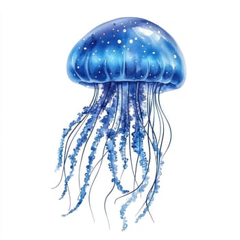 A vibrant blue jellyfish with bioluminescent details and flowing tentacles, painted in watercolor style
