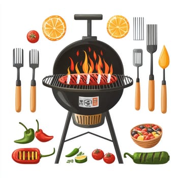 A black charcoal grill with flames, surrounded by grilling utensils, vegetables, and bowl of salad, evoking summer vibes