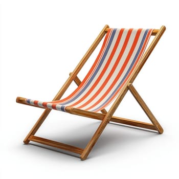 A Wooden deck chair with red, white, and blue striped fabric, perfect for summer relaxation on white background