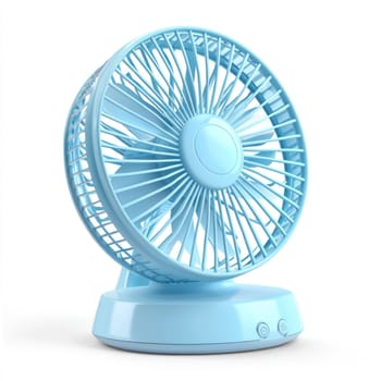 A Portable blue desk fan with sleek design, perfect for summer cooling and compact spaces