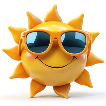 A cheerful sun with sunglasses radiates summer vibes and happiness, featuring bright yellow design and smiling face