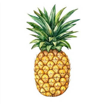A Watercolor pineapple with vibrant green leaves and detailed yellow texture, isolated on white background