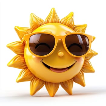 A cheerful sun with smiling face wearing sunglasses, radiating warmth and summer vibes