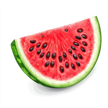 A vibrant slice of juicy watermelon with seeds, showcasing its red flesh and green rind on white background
