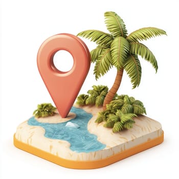 A tropical island with location pin, surrounded by palm trees and small lagoon, evokes sense of summer adventure