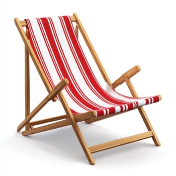 A Wooden deck chair with red and white striped fabric, perfect for summer relaxation and outdoor lounging